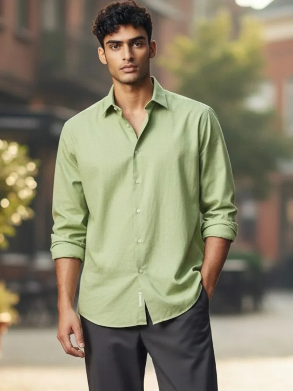 Banana Republic Large Sz 16-16.5 Green Fitted Long Sleeve Button Front Shirt